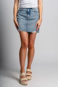 Hidden Peyton high rise denim skirt medium blue | Lush Fashion Lounge: boutique fashion skirts, affordable boutique skirts, cute affordable skirts