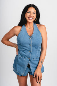 Halter denim vest romper light denim - Cute romper - Trendy Rompers and Pantsuits at Lush Fashion Lounge Boutique in Oklahoma City