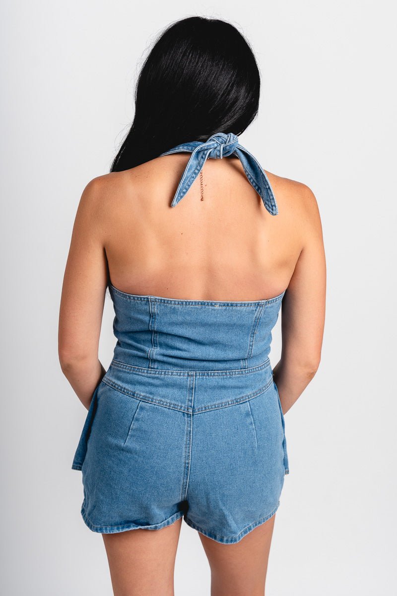 Halter denim vest romper light denim