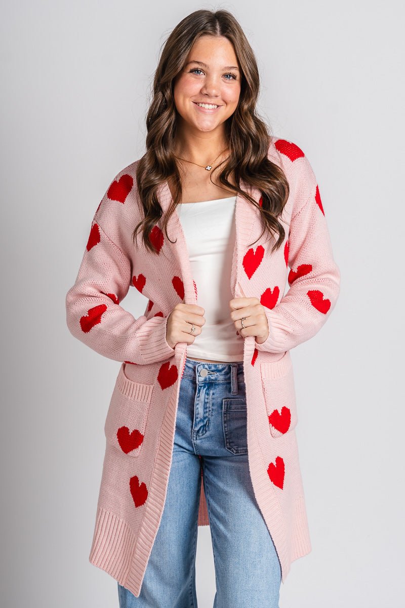 Heart cardigan pink - Trendy T-Shirts for Valentine's Day at Lush Fashion Lounge Boutique in Oklahoma City