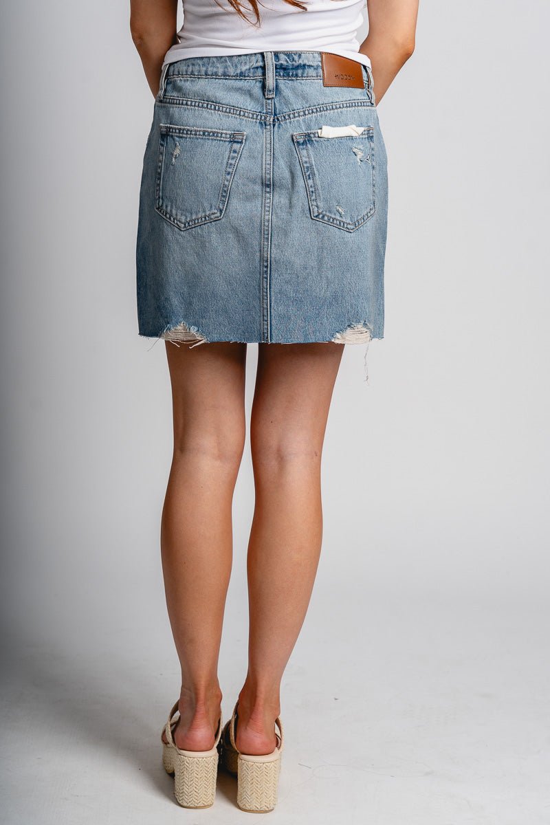 Hidden Peyton high rise denim skirt medium blue | Lush Fashion Lounge: boutique fashion skirts, affordable boutique skirts, cute affordable skirts