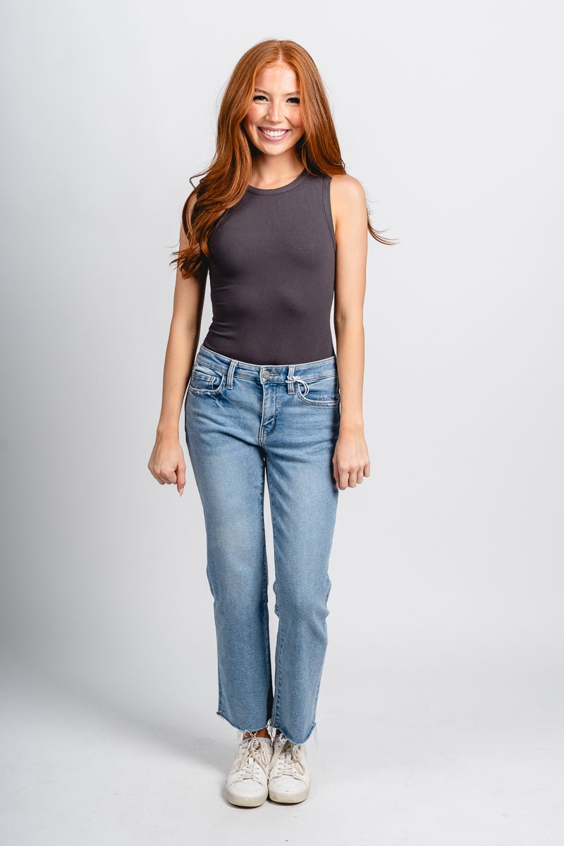 Round neck bodysuit dark grey Stylish bodysuit - Womens Fashion Bodysuits at Lush Fashion Lounge Boutique in Oklahoma City