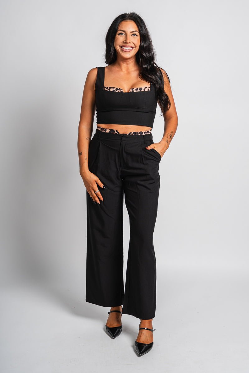 Leopard trim wide leg pants black | Lush Fashion Lounge: women's boutique pants, boutique women's pants, affordable boutique pants, women's fashion pants