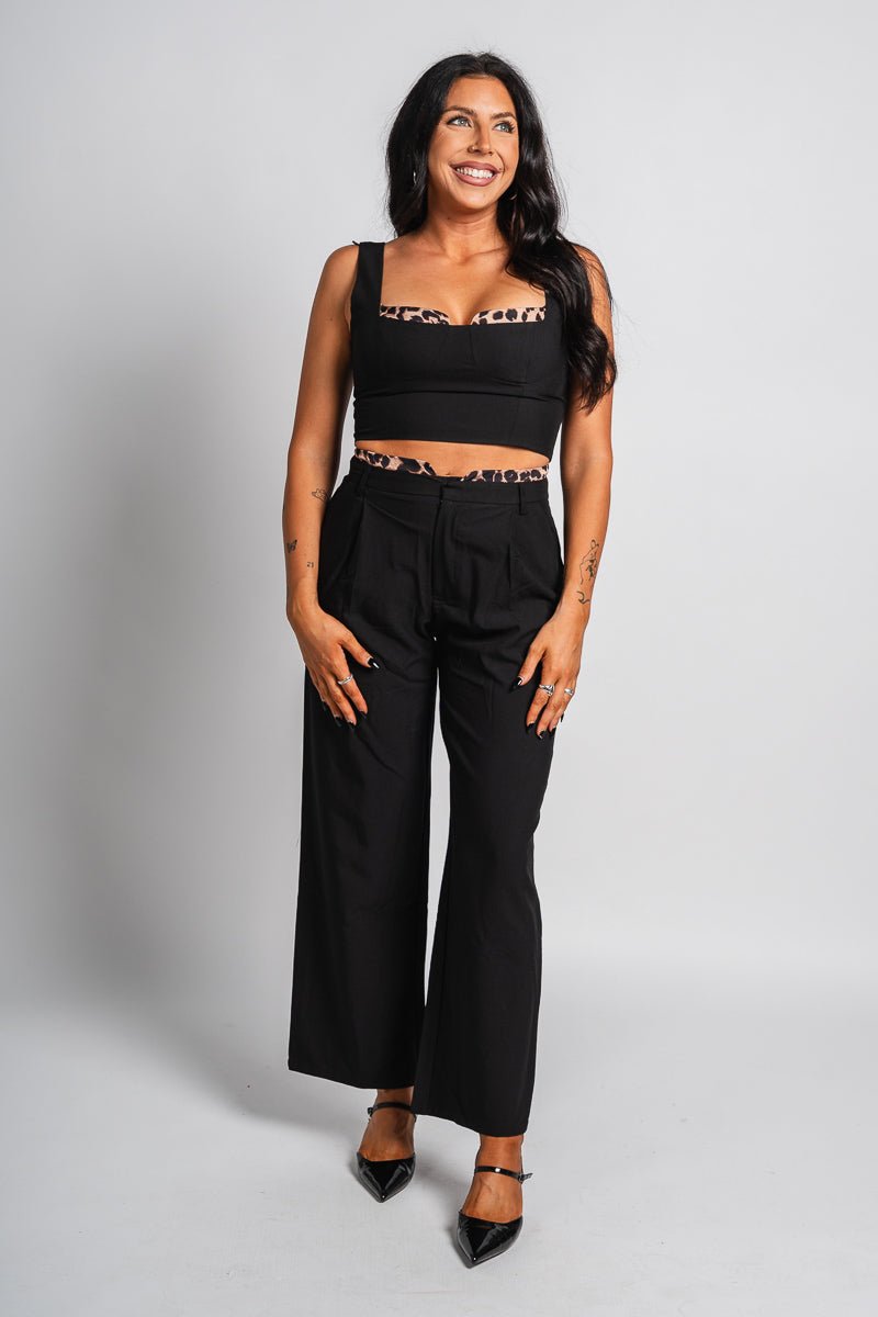 Leopard trim wide leg pants black | Lush Fashion Lounge: women's boutique pants, boutique women's pants, affordable boutique pants, women's fashion pants