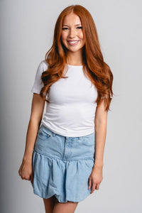 Bubble hem denim skirt light blue | Lush Fashion Lounge: boutique fashion skirts, affordable boutique skirts, cute affordable skirts