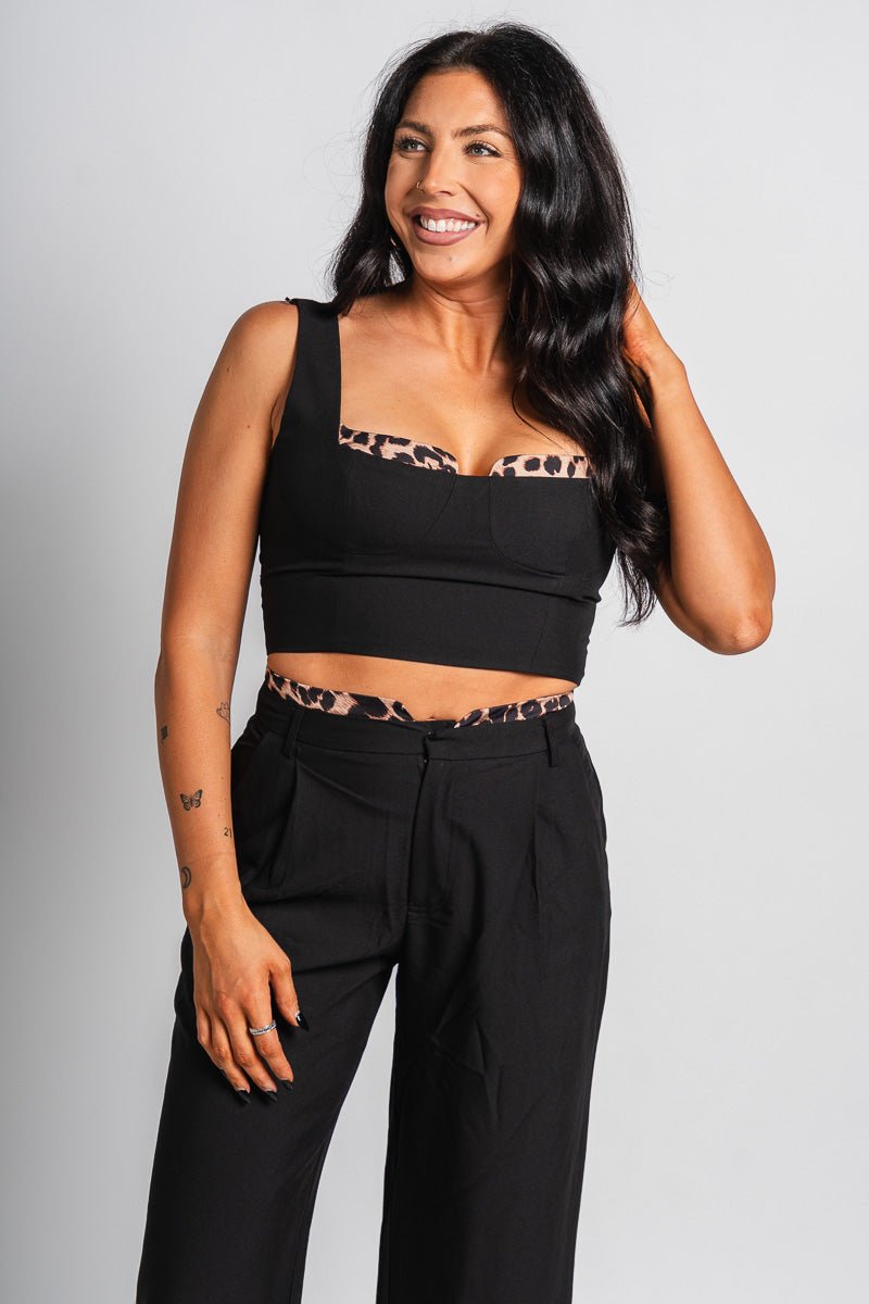 Leopard trim crop top black