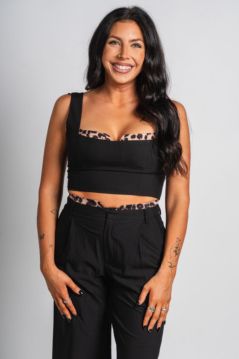 Leopard trim crop top black