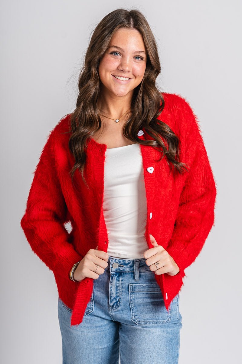 Fuzzy sweater cardigan red - Trendy T-Shirts for Valentine's Day at Lush Fashion Lounge Boutique in Oklahoma City