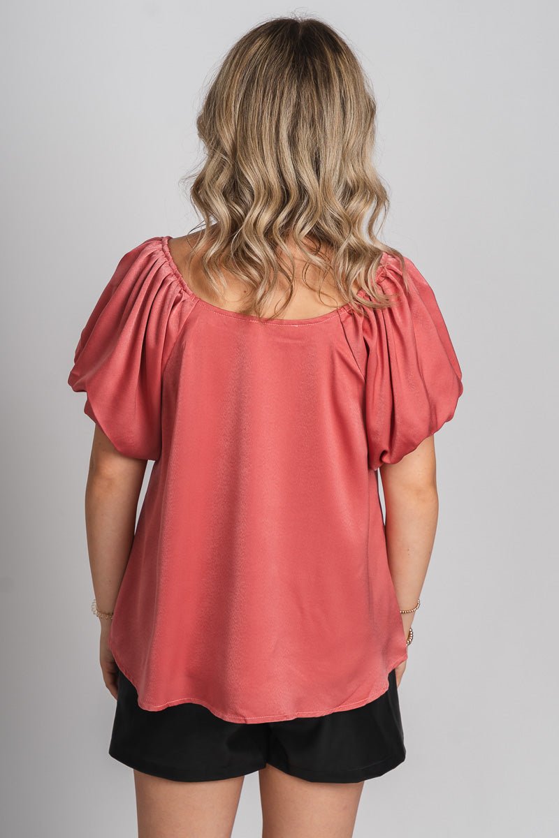 Puff sleeve square neck top marsala