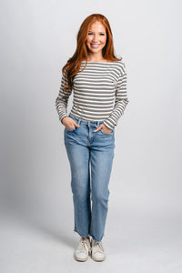 Striped long sleeve bodysuit white/black - Trendy Bodysuit - Fashion Bodysuits at Lush Fashion Lounge Boutique in Oklahoma City