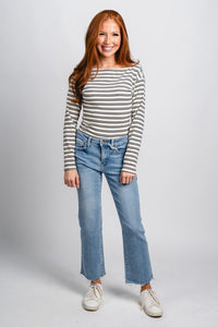 Striped long sleeve bodysuit white/black Stylish Bodysuit - Womens Fashion Bodysuits at Lush Fashion Lounge Boutique in Oklahoma City