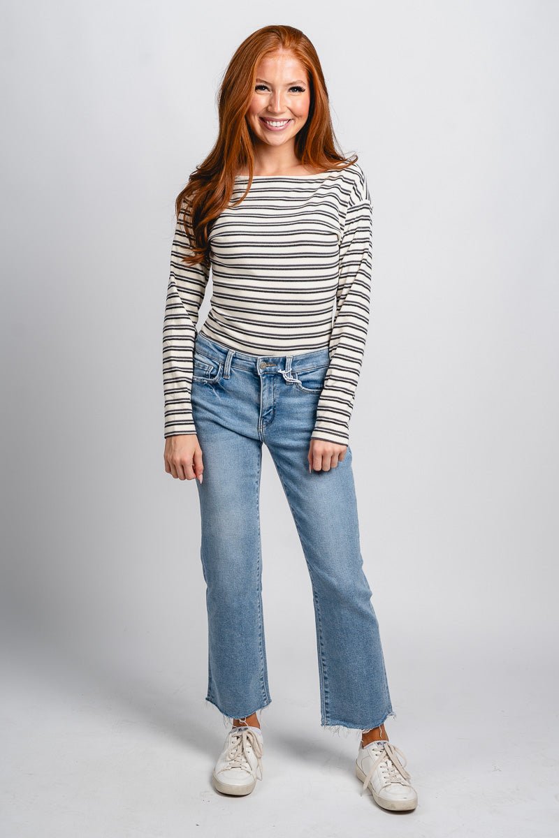 Striped long sleeve bodysuit white/black Stylish Bodysuit - Womens Fashion Bodysuits at Lush Fashion Lounge Boutique in Oklahoma City