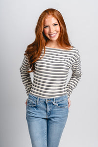 Striped long sleeve bodysuit white/black - Affordable Bodysuit - Boutique Bodysuits at Lush Fashion Lounge Boutique in Oklahoma City
