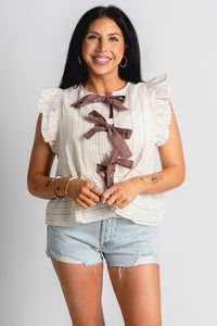 Stripe tie front blouse mocha - Stylish top - Cute Easter Outfits at Lush Fashion Lounge Boutique in Oklahoma