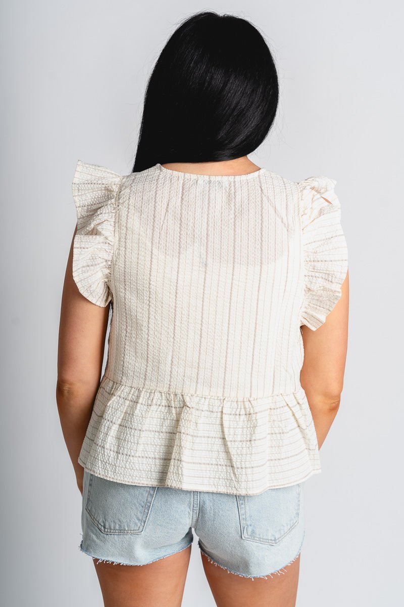 Stripe tie front blouse mocha - Stylish top - Cute Easter Clothing Line at Lush Fashion Lounge Boutique in Oklahoma