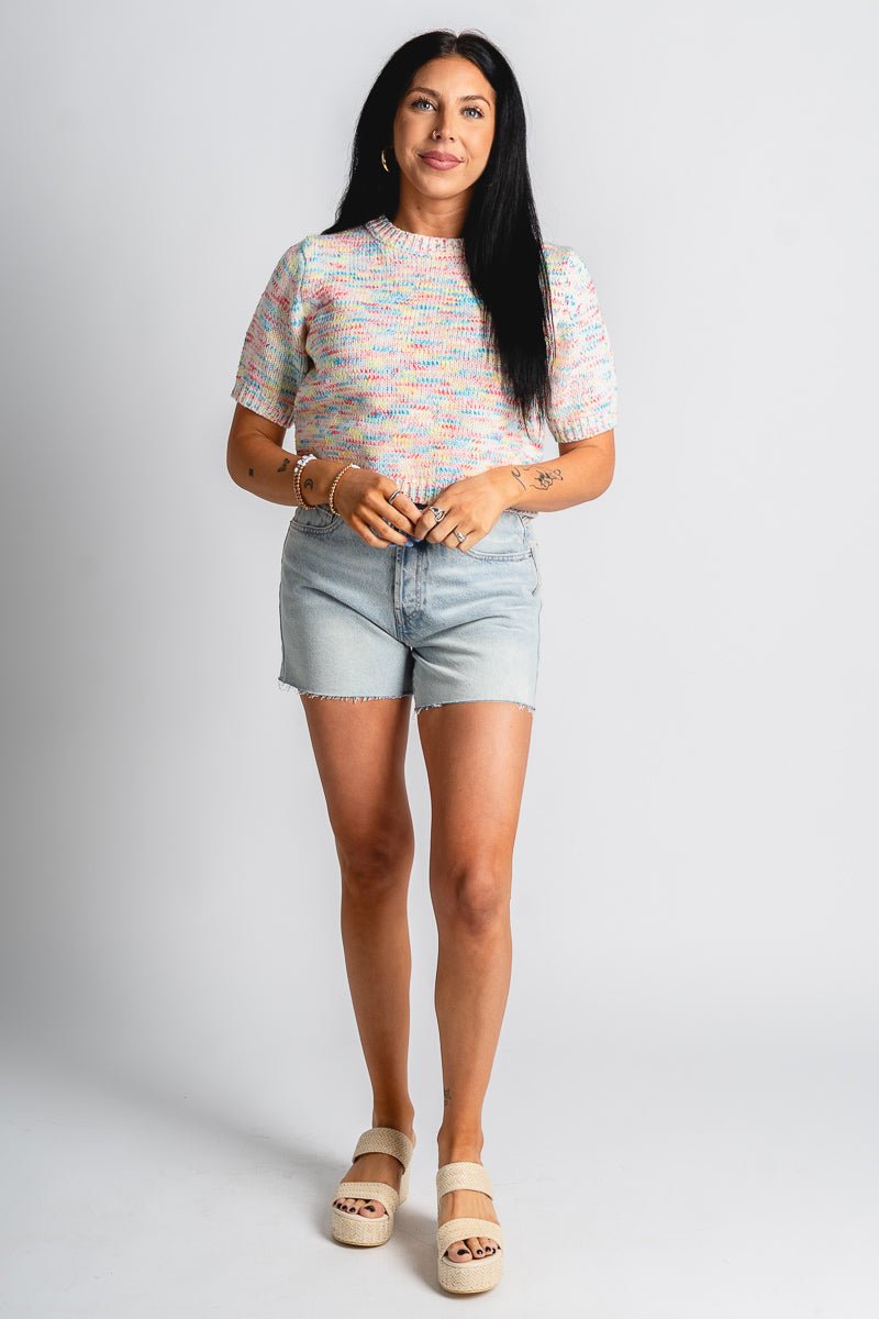 Short sleeve crop sweater pink multi – Unique Sweaters | Lounging Sweaters and Womens Fashion Sweaters at Lush Fashion Lounge Boutique in Oklahoma City