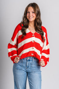 Striped sweater cardigan red - Trendy T-Shirts for Valentine's Day at Lush Fashion Lounge Boutique in Oklahoma City