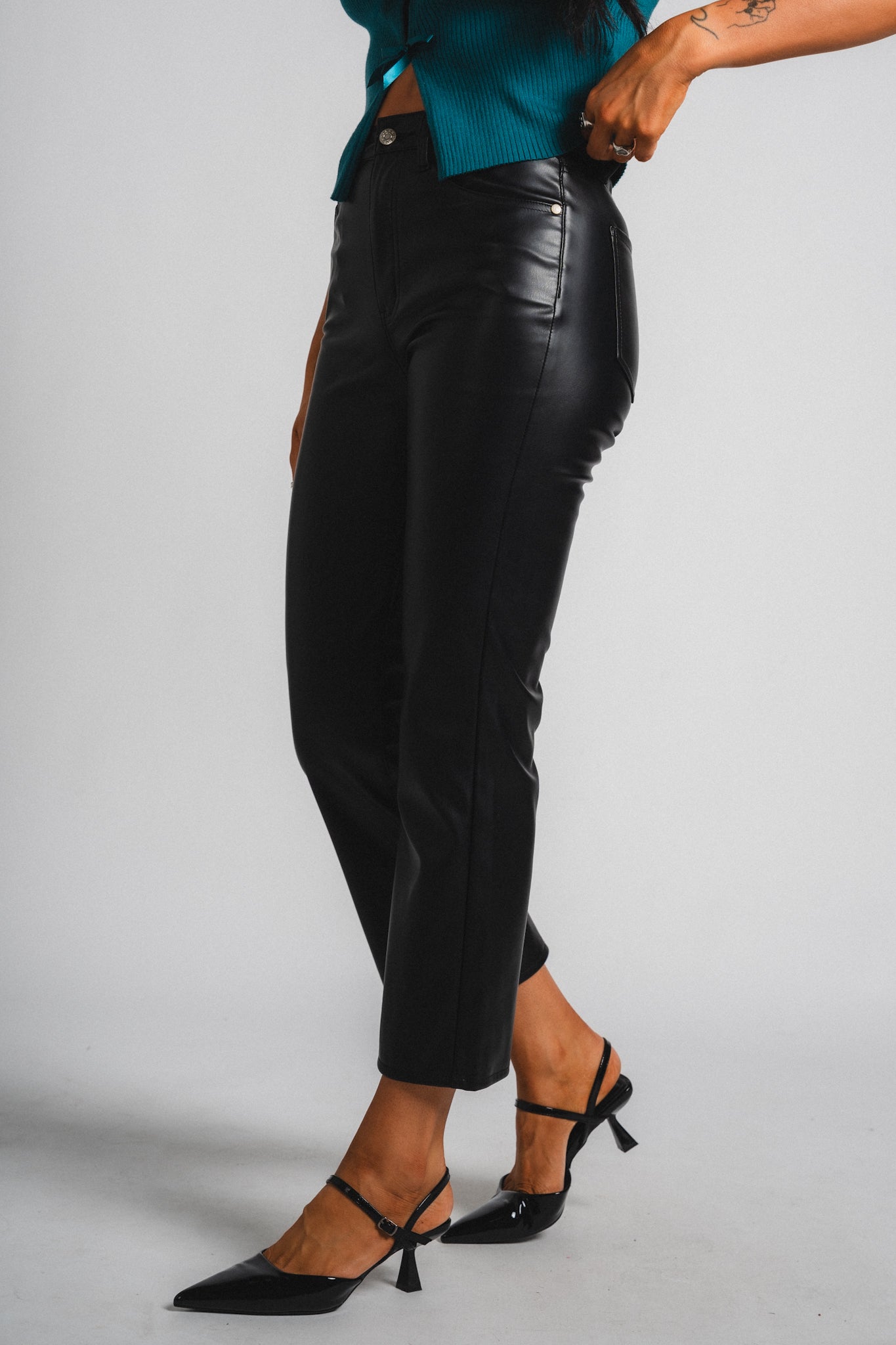 Daze Shygirl faux leather high rise crop flare pants cinematic | Lush Fashion Lounge: women's boutique pants, boutique women's pants, affordable boutique pants, women's fashion pants