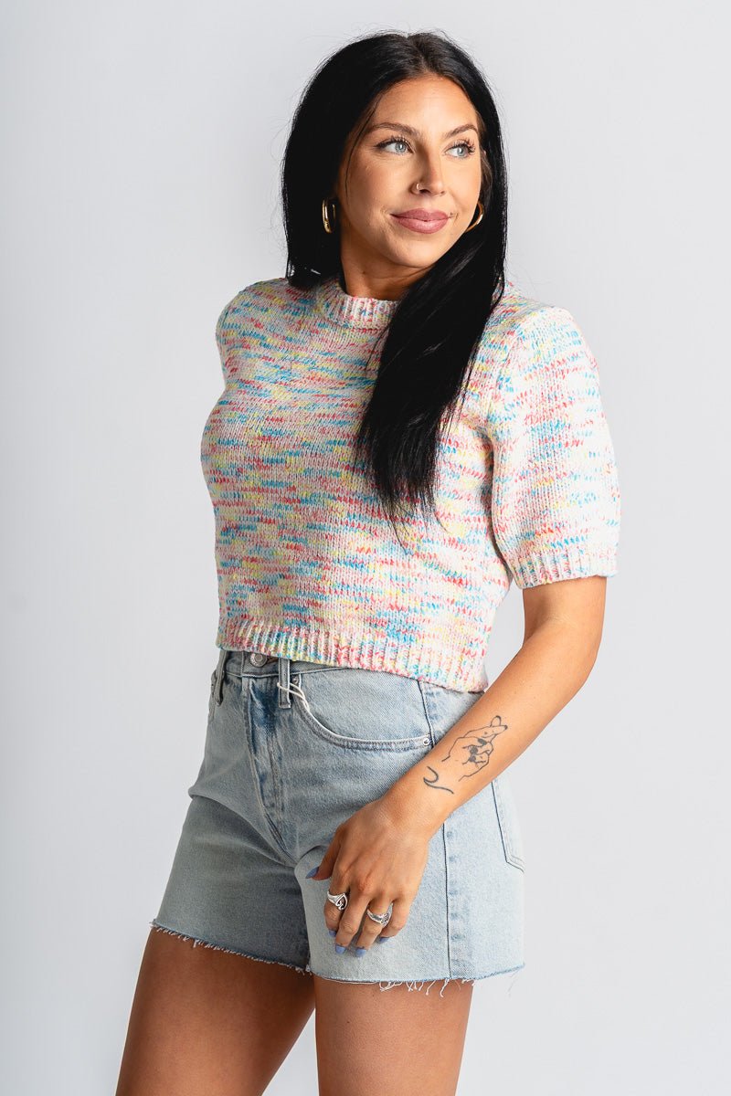 Short sleeve crop sweater pink multi – Stylish Sweaters | Boutique Sweaters at Lush Fashion Lounge Boutique in Oklahoma City