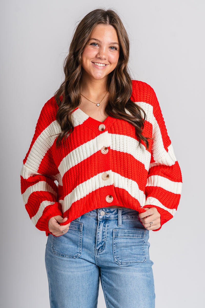 Striped sweater cardigan red - Unique Valentine's Day T-Shirt Designs at Lush Fashion Lounge Boutique in Oklahoma City