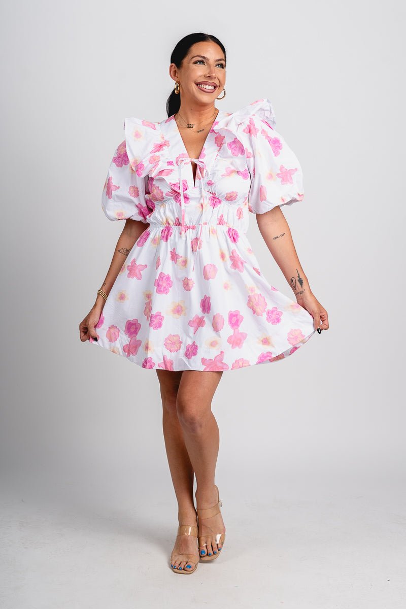 Puff sleeve floral dress pink - Trendy dress - Fashion Dresses at Lush Fashion Lounge Boutique in Oklahoma City