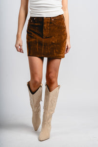 Daze Stash high rise mini skirt cognac | Lush Fashion Lounge: boutique fashion skirts, affordable boutique skirts, cute affordable skirts