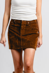 Daze Stash high rise mini skirt cognac | Lush Fashion Lounge: boutique fashion skirts, affordable boutique skirts, cute affordable skirts