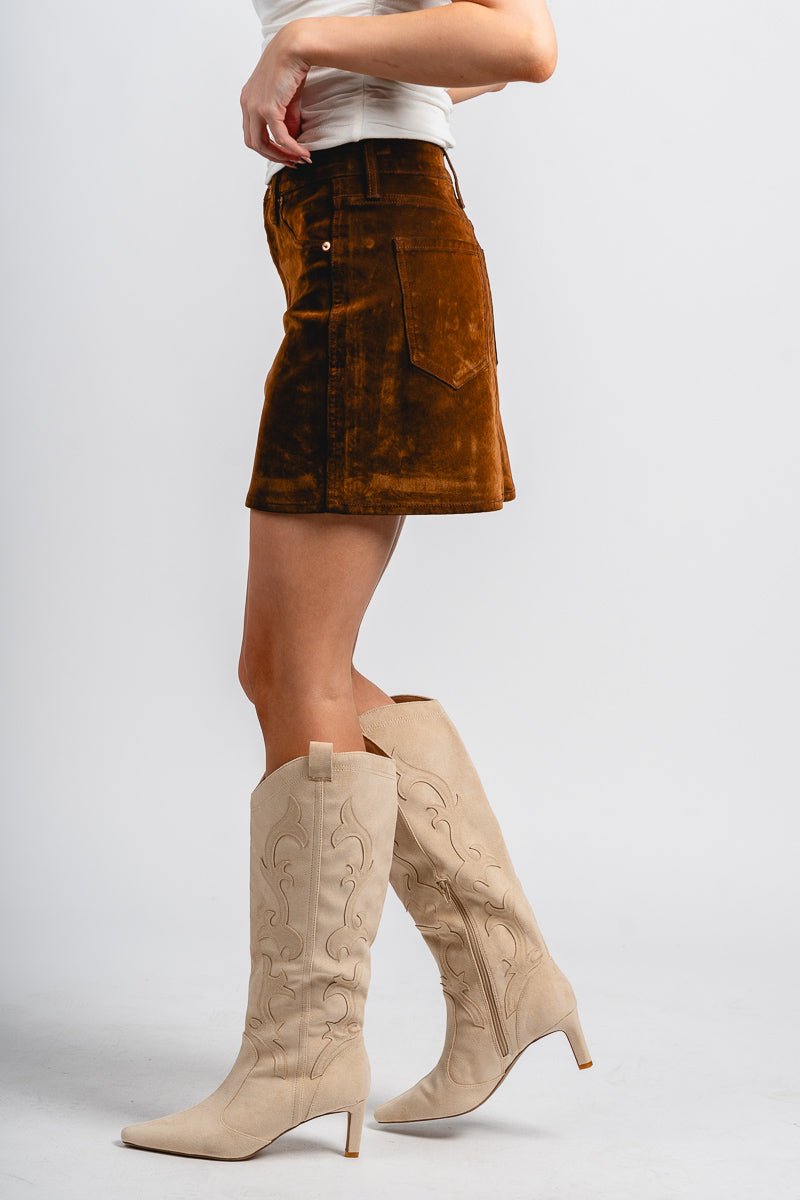 Daze Stash high rise mini skirt cognac | Lush Fashion Lounge: boutique fashion skirts, affordable boutique skirts, cute affordable skirts