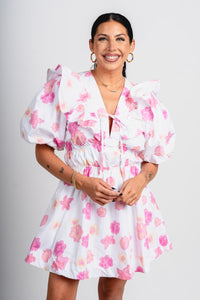 Puff sleeve floral dress pink - Affordable dress - Boutique Dresses at Lush Fashion Lounge Boutique in Oklahoma City