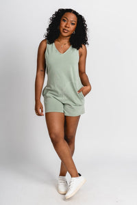 Sleeveless v-neck romper sage - Trendy St. Patrick's T-Shirts at Lush Fashion Lounge Boutique in Oklahoma City