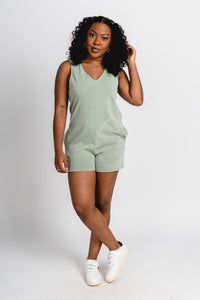 Sleeveless v-neck romper sage - Cute St. Patrick's Day Outfits at Lush Fashion Lounge Boutique in Oklahoma City