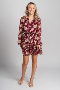 Long sleeve floral dress sangria/ivory Stylish dress - Womens Fashion Dresses at Lush Fashion Lounge Boutique in Oklahoma City