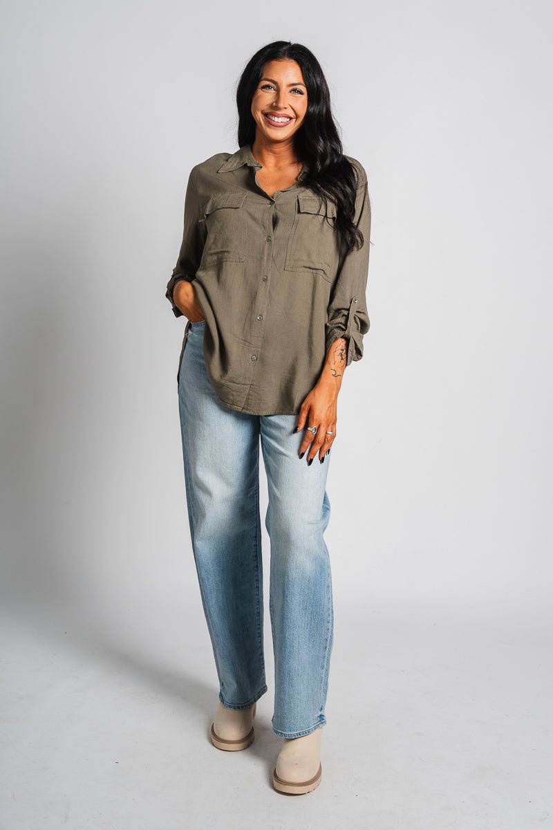 Linen button down top olive grey