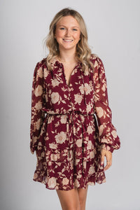 Long sleeve floral dress sangria/ivory - Affordable dress - Boutique Dresses at Lush Fashion Lounge Boutique in Oklahoma City