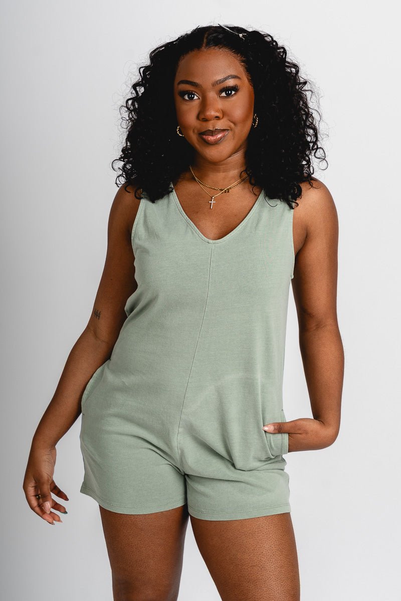 Sleeveless v-neck romper sage - Unique St. Patrick's Day T-Shirt Designs at Lush Fashion Lounge Boutique in Oklahoma City