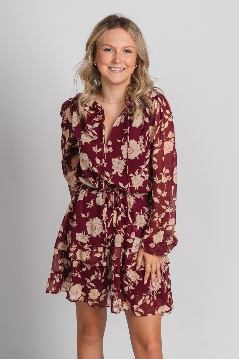 Long sleeve floral dress sangria/ivory - Cute dress - Trendy Dresses at Lush Fashion Lounge Boutique in Oklahoma City