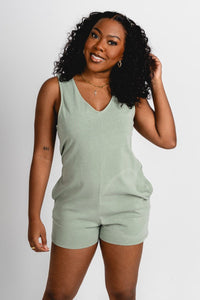 Sleeveless v-neck romper sage - Trendy T-Shirts for St. Patrick's Day at Lush Fashion Lounge Boutique in Oklahoma City