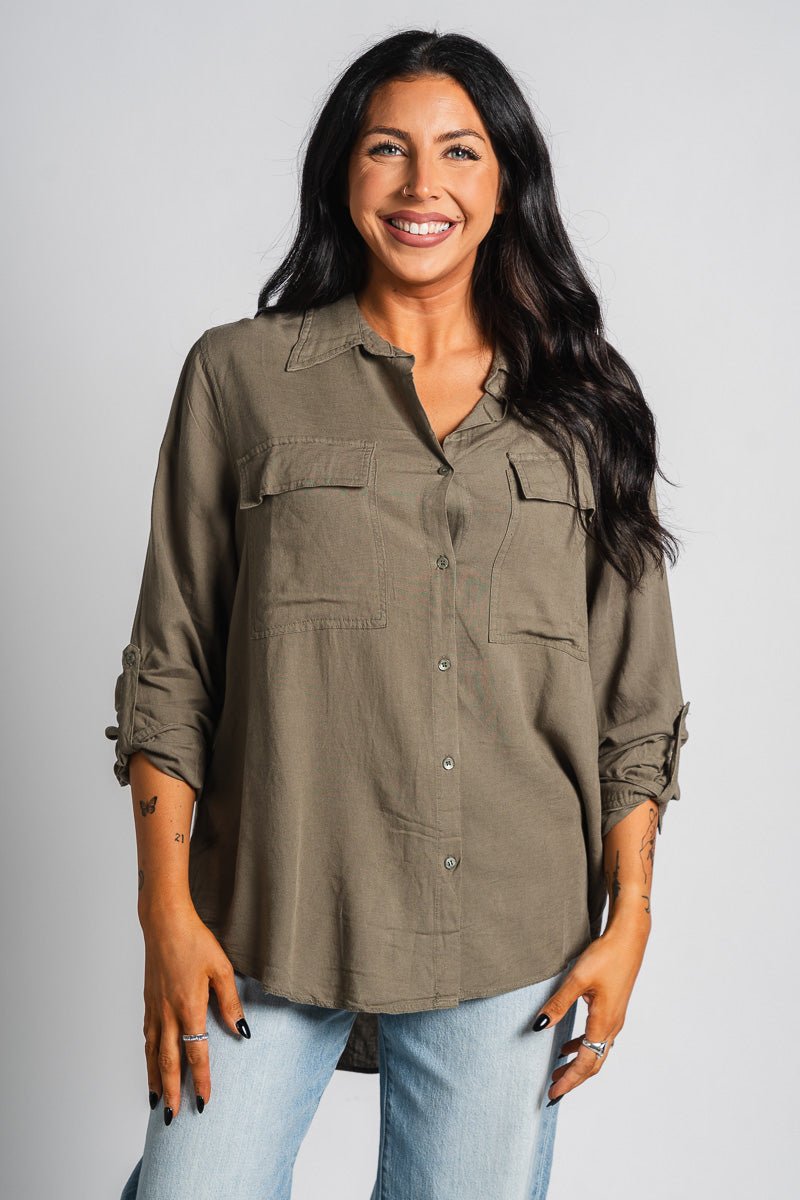 Linen button down top olive grey