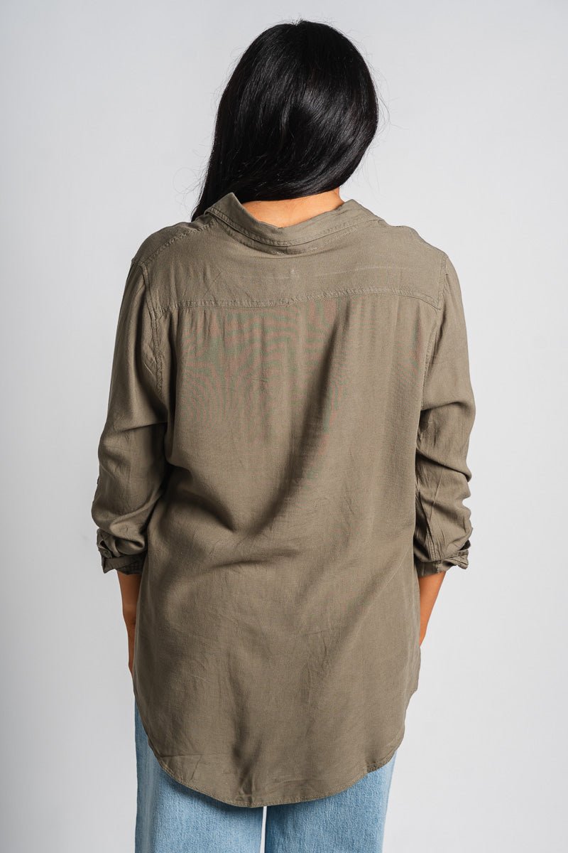 Linen button down top olive grey