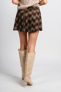 Pleated plaid mini skirt brown | Lush Fashion Lounge: boutique fashion skirts, affordable boutique skirts, cute affordable skirts