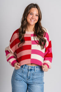 Striped crop sweater red multi - Trendy T-Shirts for Valentine's Day at Lush Fashion Lounge Boutique in Oklahoma City