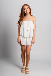 Strapless flounce skort romper off white - Fun romper - Unique Getaway Gear at Lush Fashion Lounge Boutique in Oklahoma