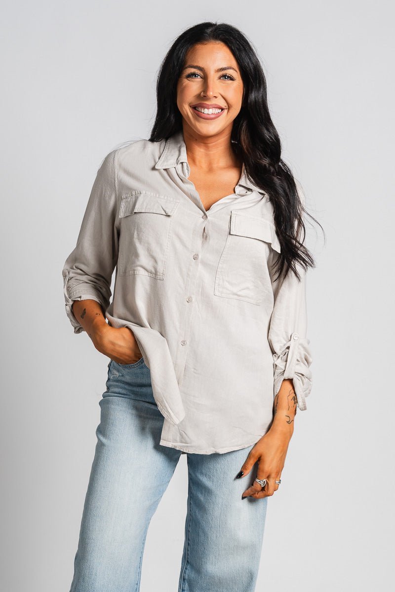 Linen button down top pebble