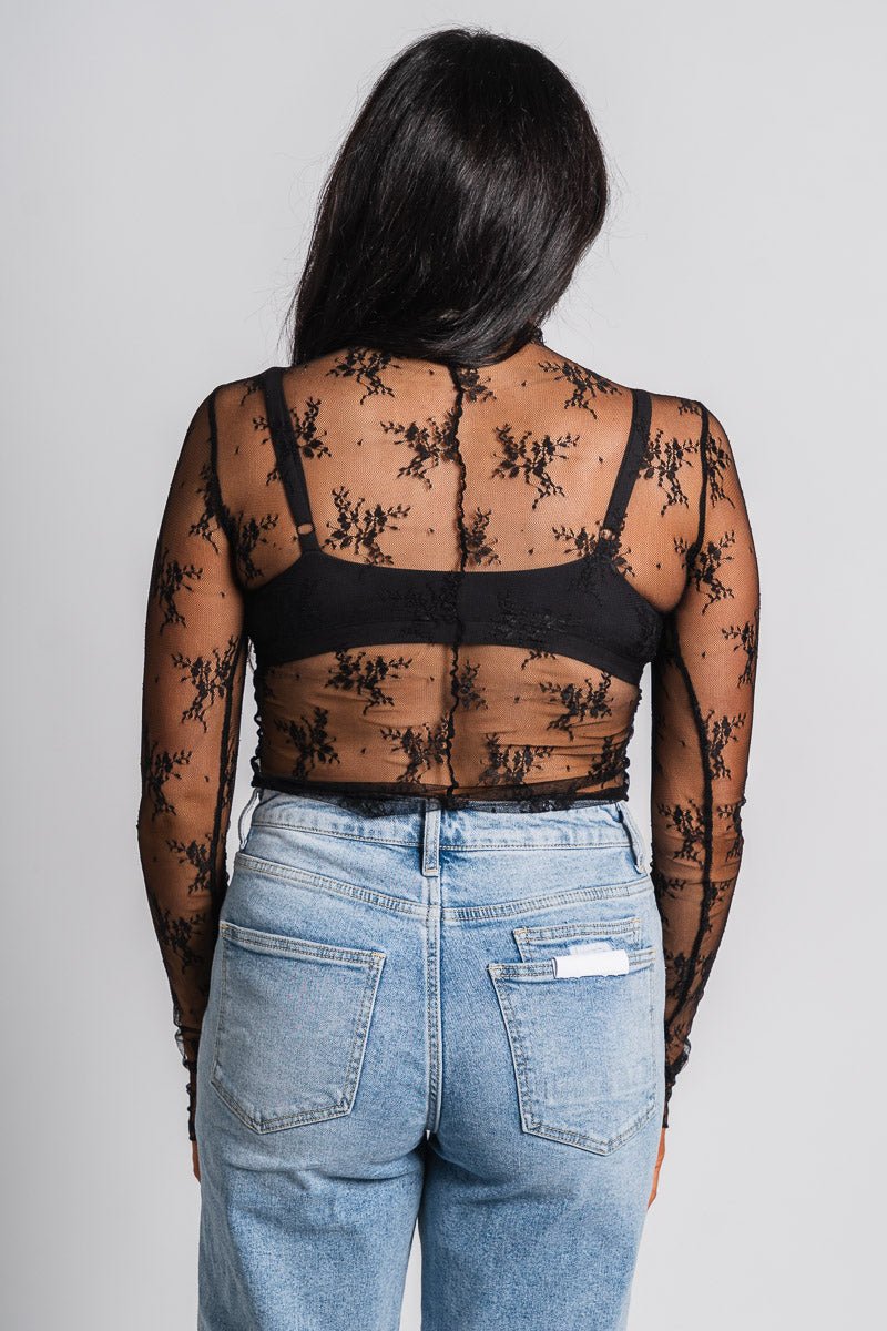 Mesh lace long sleeve top black