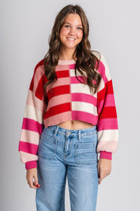 Striped crop sweater red multi - Unique Valentine's Day T-Shirt Designs at Lush Fashion Lounge Boutique in Oklahoma City