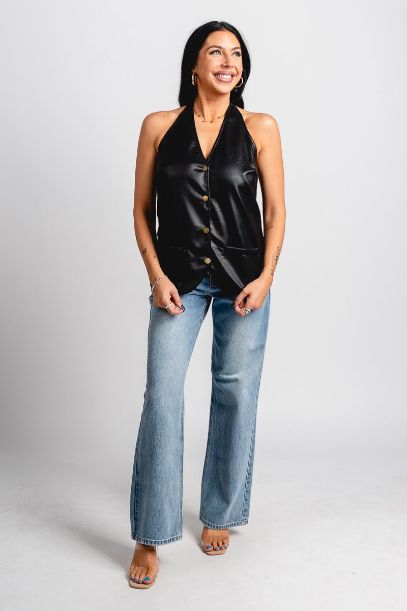 Faux leather halter top black