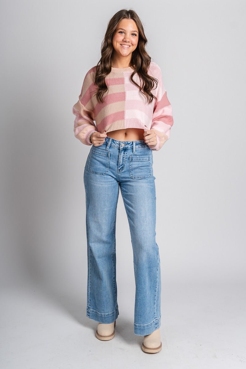 Striped crop sweater pink multi - Trendy Valentine's T-Shirts at Lush Fashion Lounge Boutique in Oklahoma City