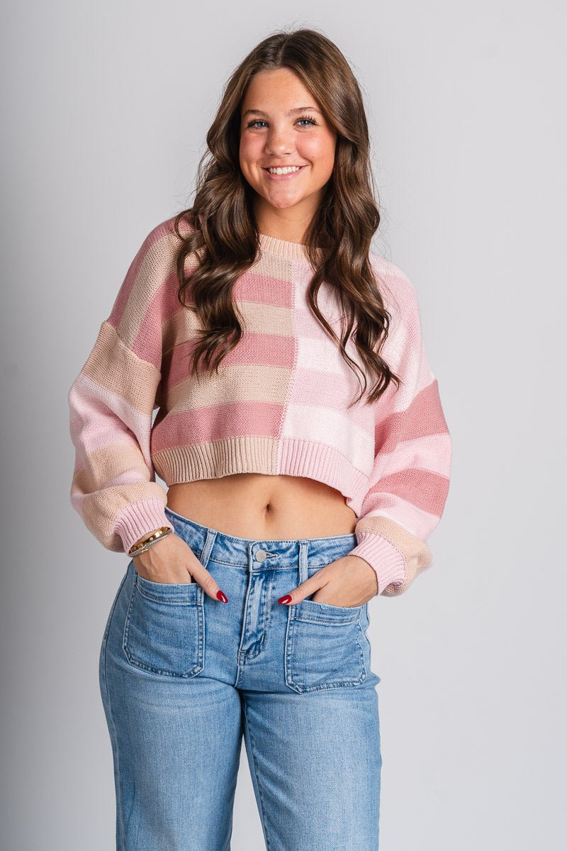 Striped crop sweater pink multi - Trendy T-Shirts for Valentine's Day at Lush Fashion Lounge Boutique in Oklahoma City