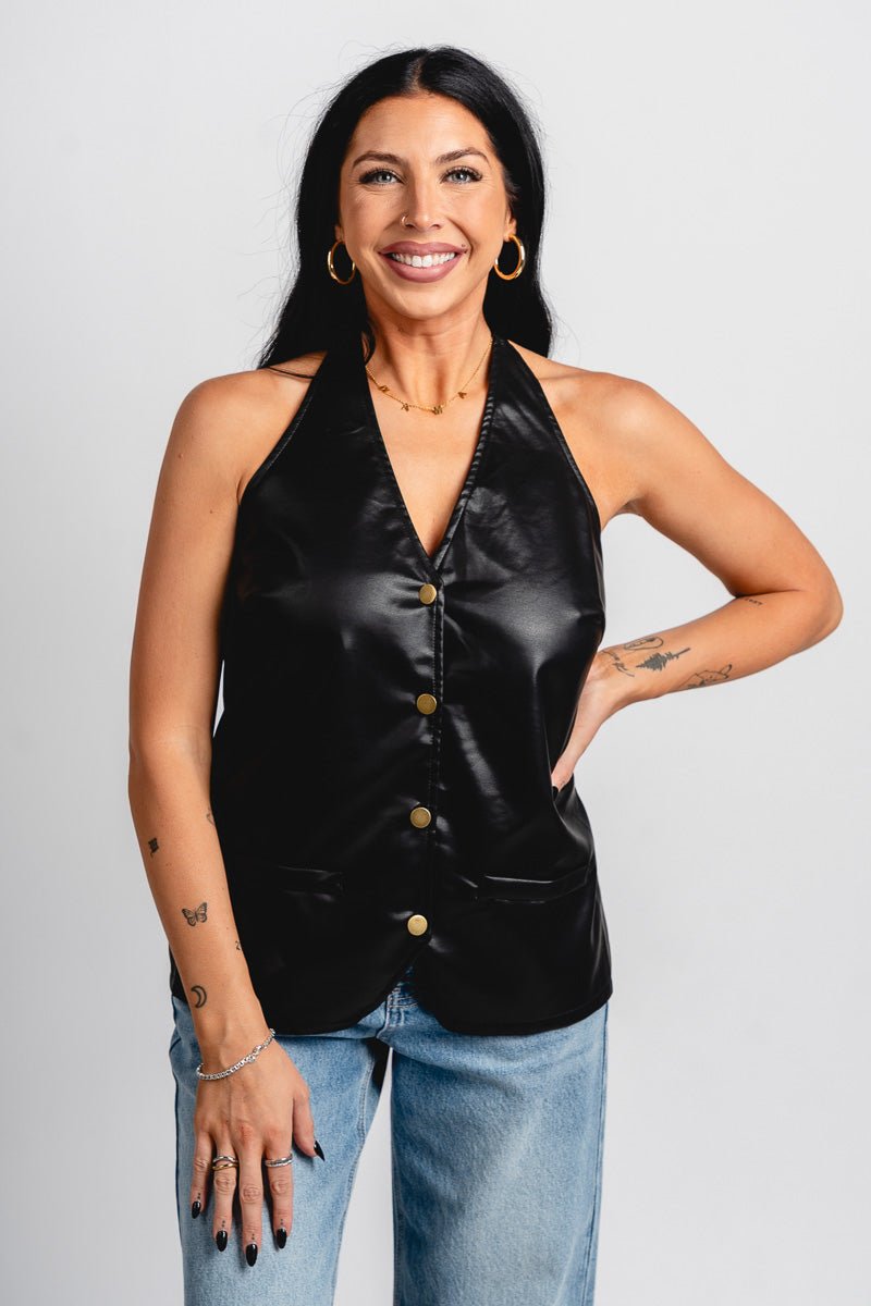 Faux leather halter top black