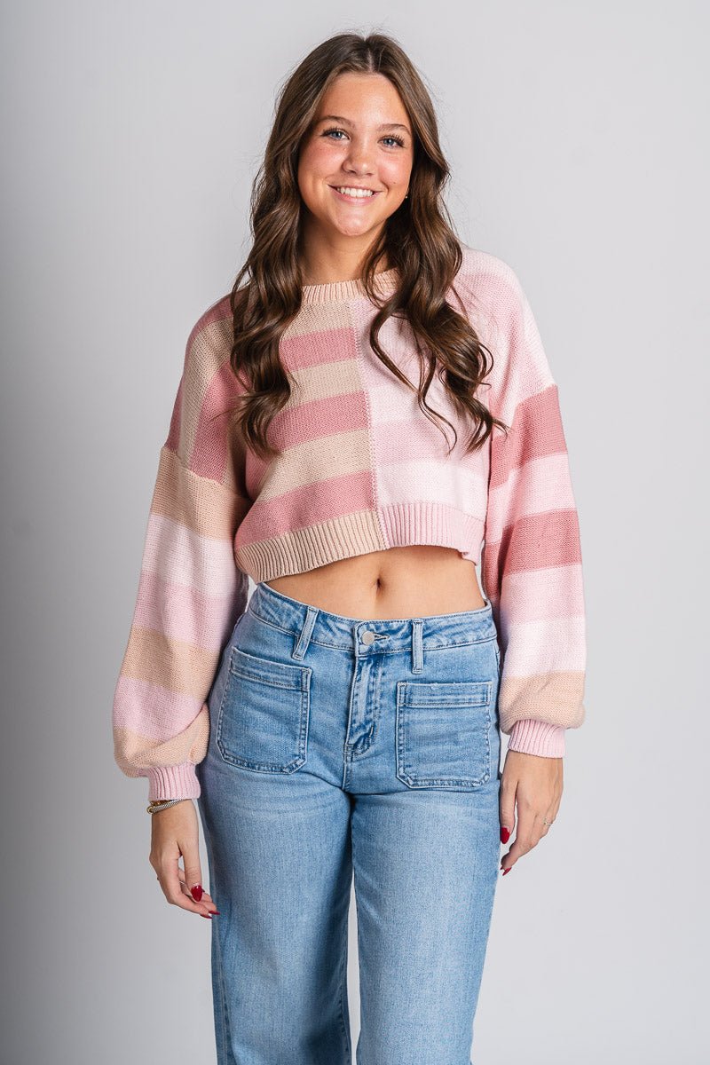 Striped crop sweater pink multi - Unique Valentine's Day T-Shirt Designs at Lush Fashion Lounge Boutique in Oklahoma City